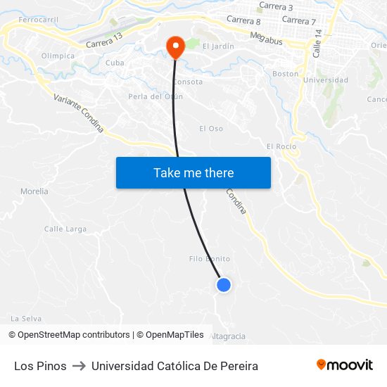 Los Pinos to Universidad Católica De Pereira map