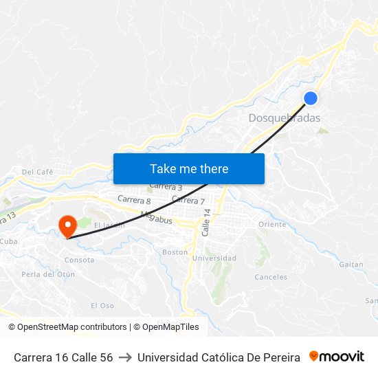 Carrera 16 Calle 56 to Universidad Católica De Pereira map