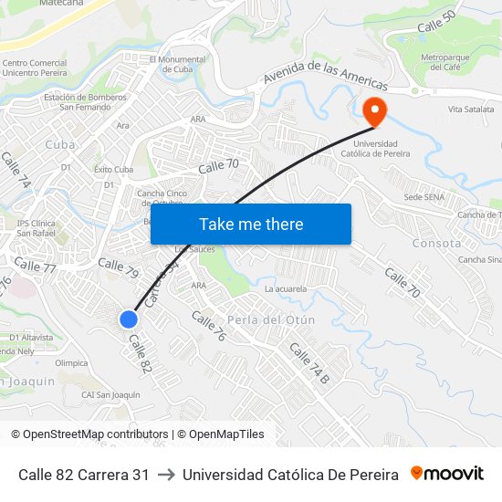 Calle 82 Carrera 31 to Universidad Católica De Pereira map