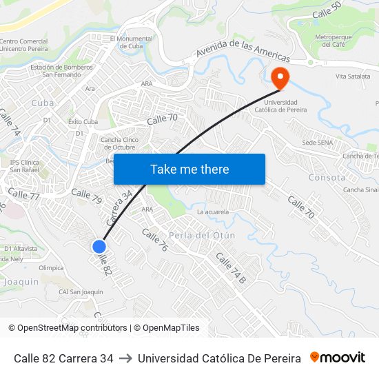 Calle 82 Carrera 34 to Universidad Católica De Pereira map