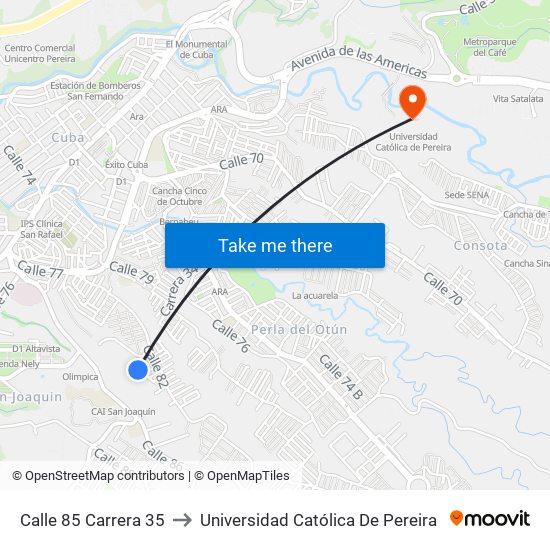 Calle 85 Carrera 35 to Universidad Católica De Pereira map