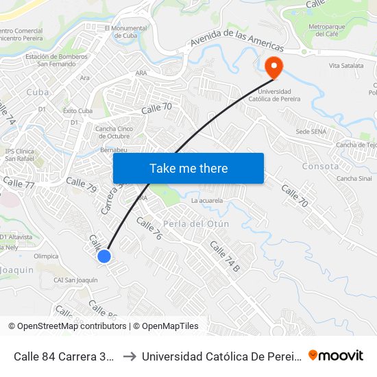 Calle 84 Carrera 35c to Universidad Católica De Pereira map