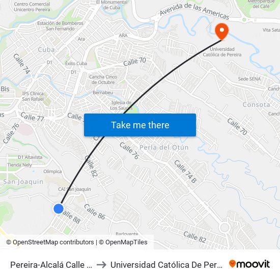 Pereira-Alcalá Calle 88 to Universidad Católica De Pereira map