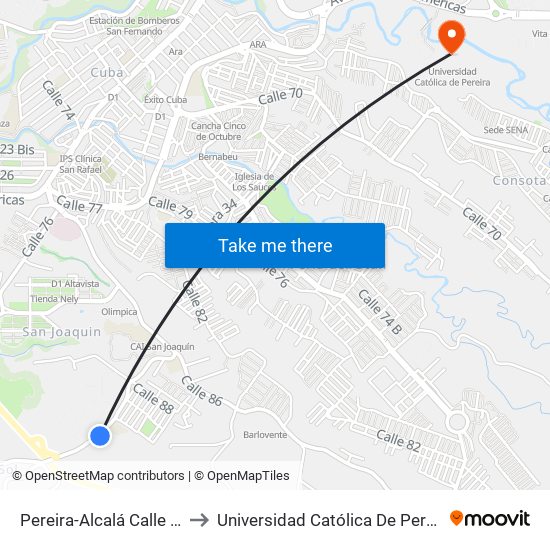 Pereira-Alcalá Calle 91 to Universidad Católica De Pereira map