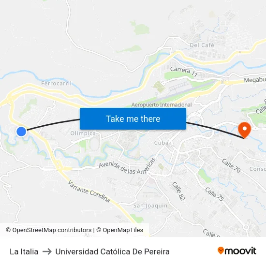 La Italia to Universidad Católica De Pereira map