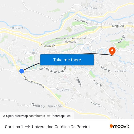 Coralina 1 to Universidad Católica De Pereira map