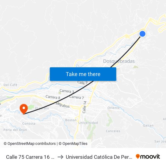 Calle 75 Carrera 16 Bis to Universidad Católica De Pereira map