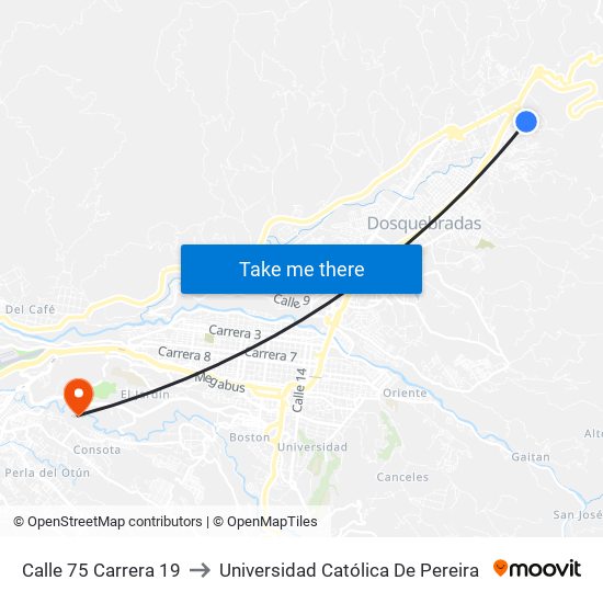 Calle 75 Carrera 19 to Universidad Católica De Pereira map