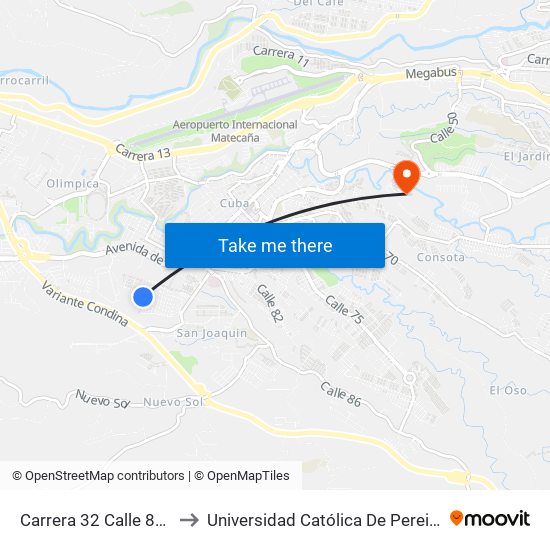 Carrera 32 Calle 83a to Universidad Católica De Pereira map