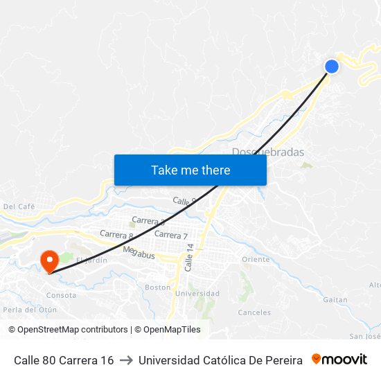 Calle 80 Carrera 16 to Universidad Católica De Pereira map