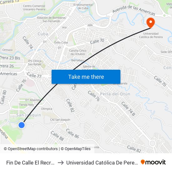 Fin De Calle El Recreo to Universidad Católica De Pereira map
