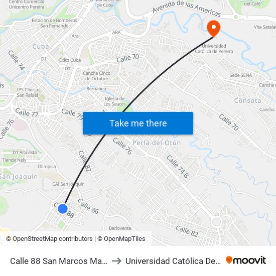 Calle 88 San Marcos Manzana 4 to Universidad Católica De Pereira map