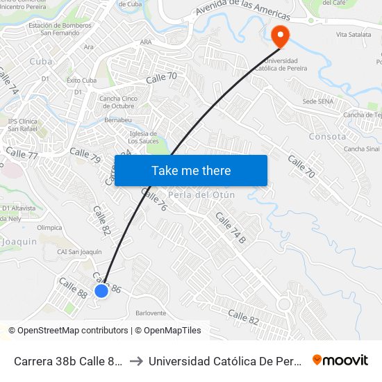 Carrera 38b Calle 87b to Universidad Católica De Pereira map