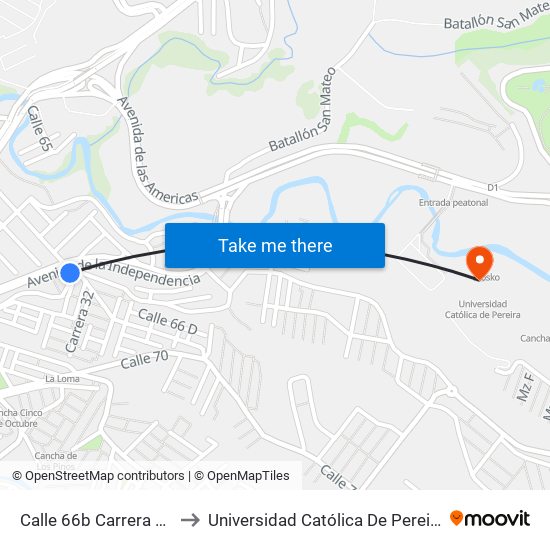 Calle 66b Carrera 29 to Universidad Católica De Pereira map