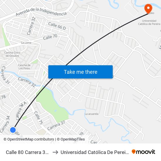 Calle 80 Carrera 35a to Universidad Católica De Pereira map