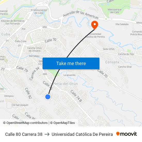 Calle 80 Carrera 38 to Universidad Católica De Pereira map