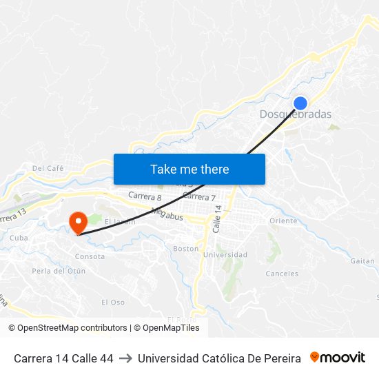 Carrera 14 Calle 44 to Universidad Católica De Pereira map