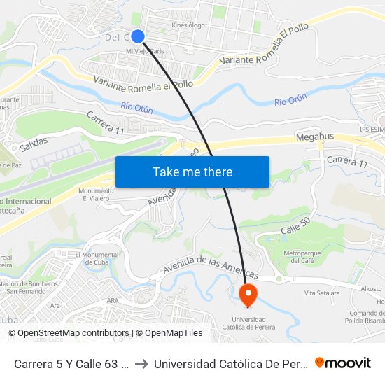 Carrera 5 Y Calle 63 Bis to Universidad Católica De Pereira map