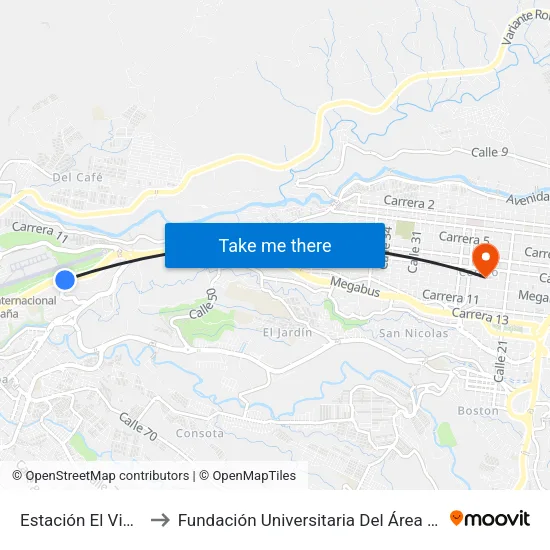 Estación El Viajero to Fundación Universitaria Del Área Andina map
