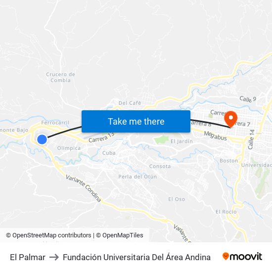 El Palmar to Fundación Universitaria Del Área Andina map