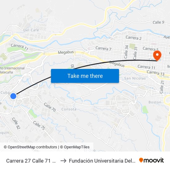Carrera 27 Calle 71 Éxito Cuba to Fundación Universitaria Del Área Andina map