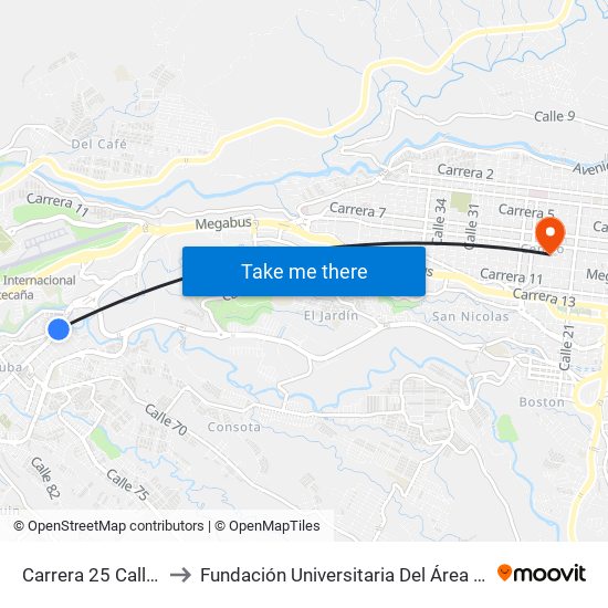 Carrera 25 Calle 66 to Fundación Universitaria Del Área Andina map