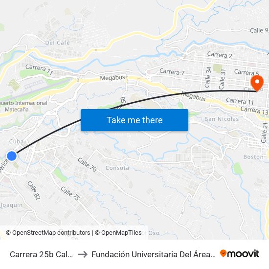 Carrera 25b Calle 74 to Fundación Universitaria Del Área Andina map