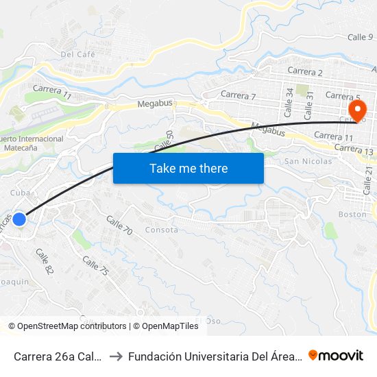 Carrera 26a Calle 74 to Fundación Universitaria Del Área Andina map