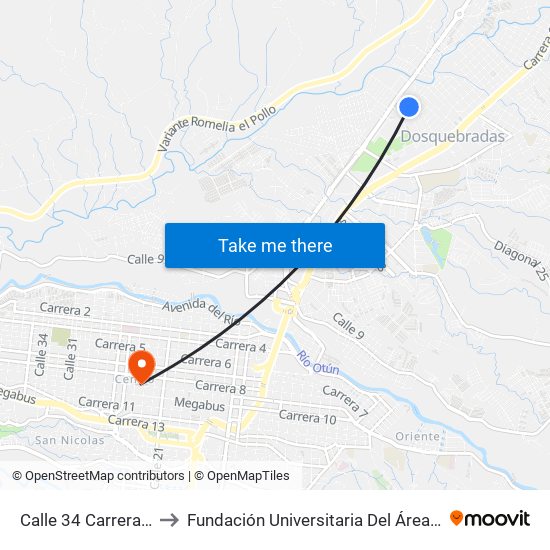 Calle 34 Carrera 108 to Fundación Universitaria Del Área Andina map