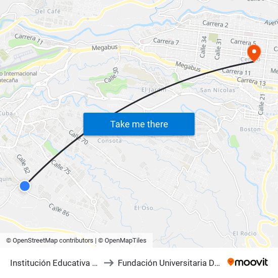 Institución Educativa San Joaquín to Fundación Universitaria Del Área Andina map