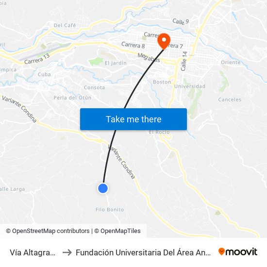 Vía Altagracia to Fundación Universitaria Del Área Andina map