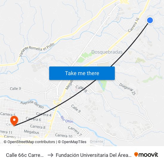 Calle 66c Carrera 20 to Fundación Universitaria Del Área Andina map