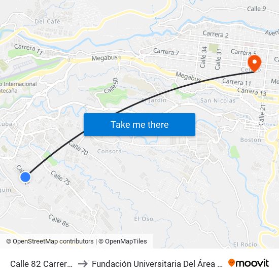 Calle 82 Carrera 34 to Fundación Universitaria Del Área Andina map