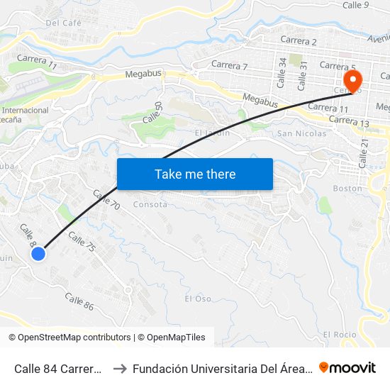 Calle 84 Carrera 36a to Fundación Universitaria Del Área Andina map