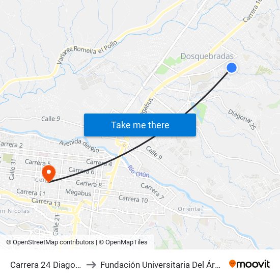 Carrera 24 Diagonal 42 to Fundación Universitaria Del Área Andina map