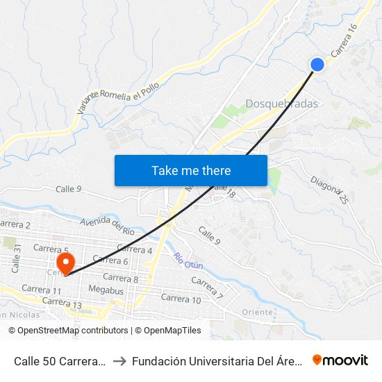 Calle 50 Carrera 15 A to Fundación Universitaria Del Área Andina map