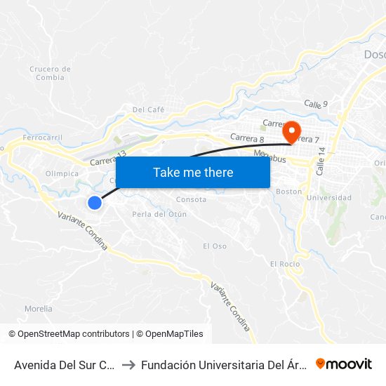 Avenida Del Sur Calle 81 to Fundación Universitaria Del Área Andina map