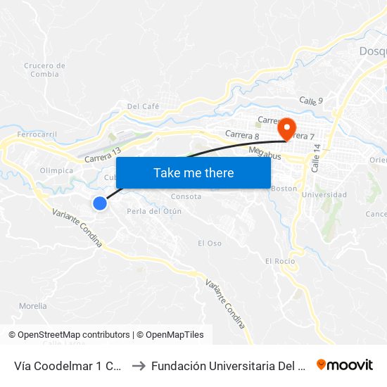 Vía Coodelmar 1 Carrera 29 to Fundación Universitaria Del Área Andina map