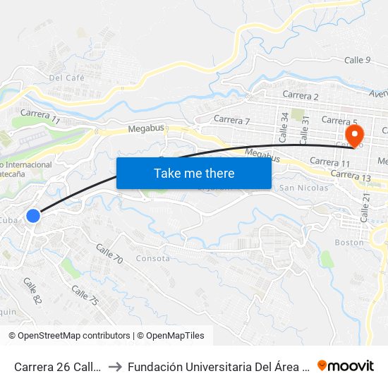 Carrera 26 Calle 69 to Fundación Universitaria Del Área Andina map