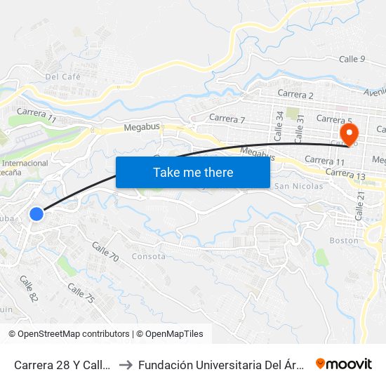 Carrera 28 Y Calle 68 B to Fundación Universitaria Del Área Andina map