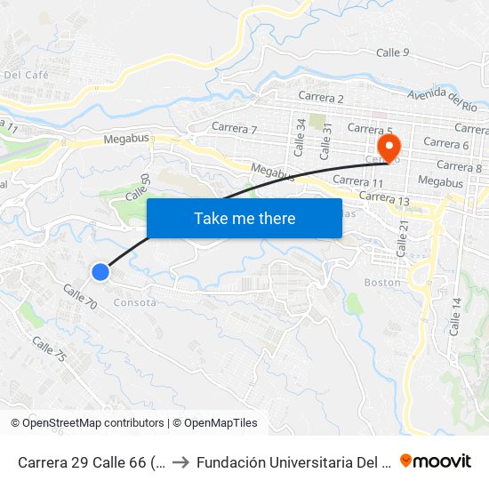 Carrera 29 Calle 66 (Rotonda) to Fundación Universitaria Del Área Andina map