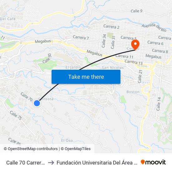 Calle 70 Carrera 43 to Fundación Universitaria Del Área Andina map