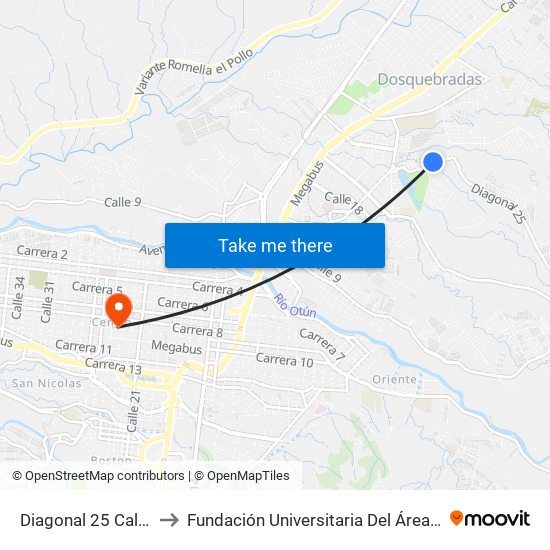 Diagonal 25 Calle 26 to Fundación Universitaria Del Área Andina map
