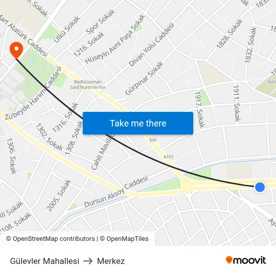 Gülevler Mahallesi to Merkez map