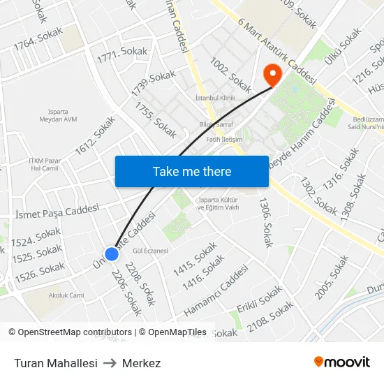 Turan Mahallesi to Merkez map