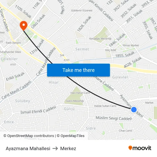 Ayazmana Mahallesi to Merkez map