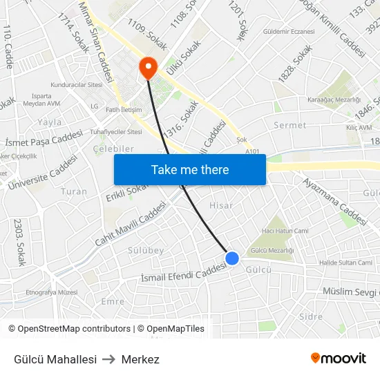 Gülcü Mahallesi to Merkez map