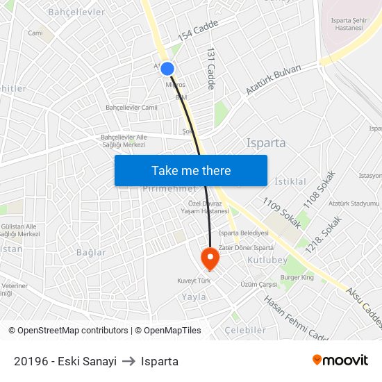20196 - Eski Sanayi to Isparta map