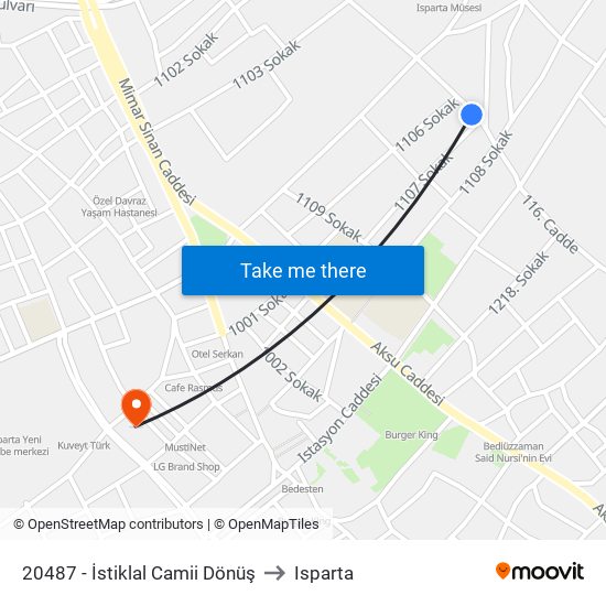 20487 - İstiklal Camii Dönüş to Isparta map