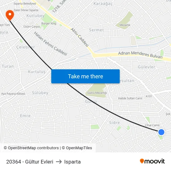 20364 - Gültur Evleri to Isparta map